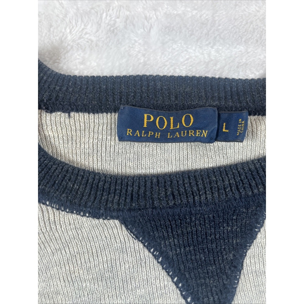 POLO Ralph Lauren Mens Large Rib Knit Gray Navy Colorblock Thermal Crew Pullover - Picture 4 of 8